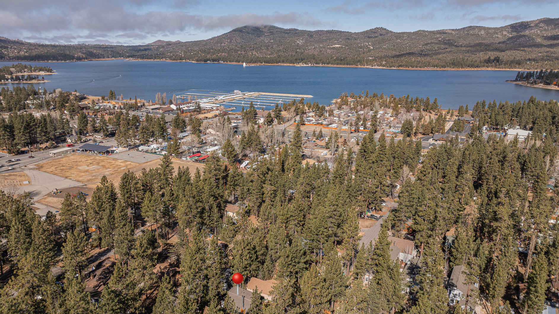 Aerial view of Big Bear Lake with the cabin's location